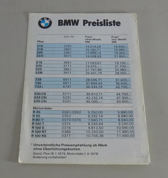 Preisliste BMW E21 / E12 / E23 / E24 incl. Motorräder R45 - R100 RS '1978/1979