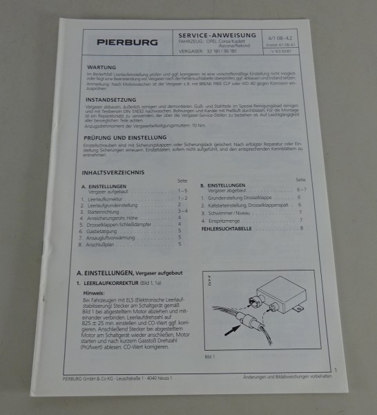 Handbuch Pierburg Vergaser 32 1B1/36 1B1 in Opel Corsa/Kadett etc. Stand 03/1987