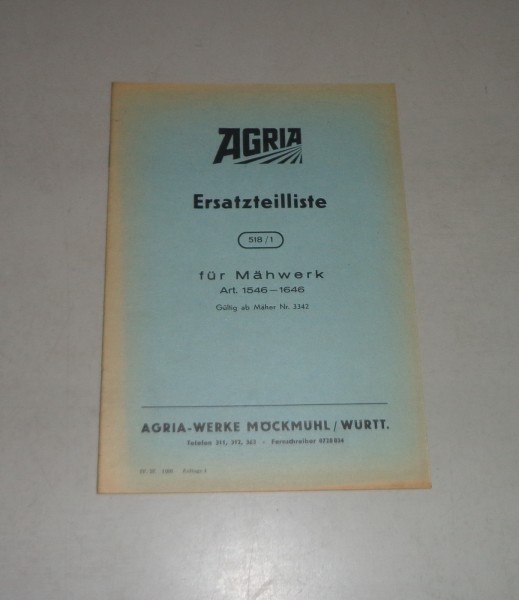 Teilekatalog / Ersatzteilliste Agria Werke Mähwerk 518/1 - Stand 1957