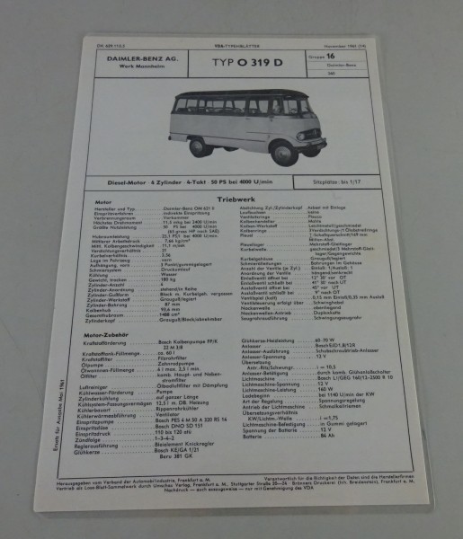Typenblatt / Datenblatt Mercedes-Benz Omnibus O 319 D Stand 11/1961