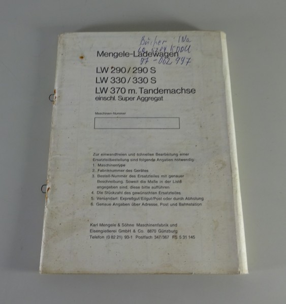 Teilekatalog / Ersatzteilliste Mengele Ladewagen LW 290 / 330 / 370 + S