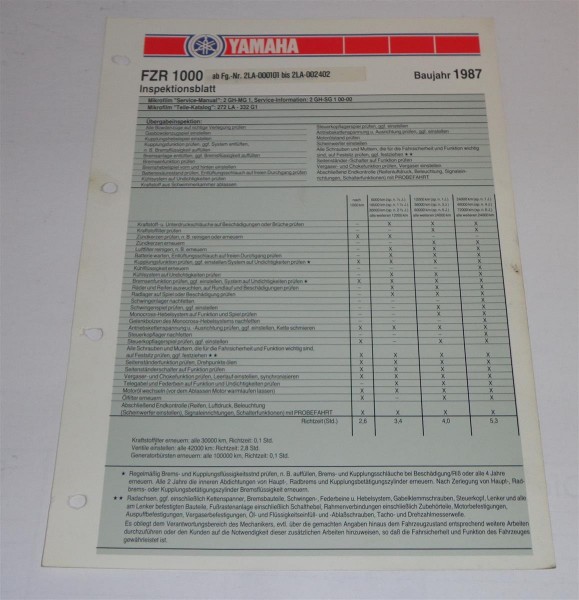Inspektionsblatt Wartung Yamaha FZR 1000 / FZR1000 Typ 2 LA Baujahr 1987