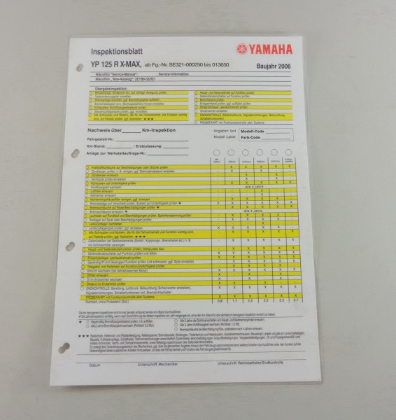 Inspektionsblatt Yamaha YP 125 R X-Max Typ SE 321 Stand 2006