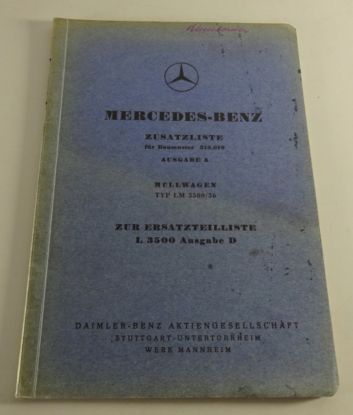 Zusatzteilekatalog Mercedes Benz LM 3500/36 Müllwagen Bm 312.019 Stand 08/1954