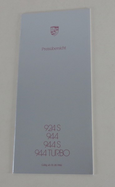 Preisliste Porsche 924 S / 944 / 944 S / 944 turbo Modelljahr 1987