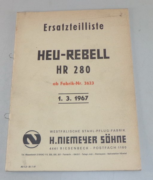 Teilekatalog / Ersatzteilliste Niemeyer Heu-Rebell HR 280 Stand 1967