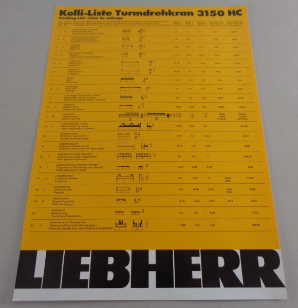 Datenblatt / Kolli - Liste Liebherr Turmdrehkran 3150 HC von 06/1986