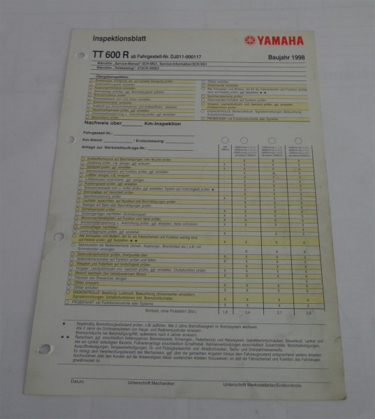 Inspektionsblatt Wartung Yamaha TT 600 R / TT600R Typ DJ01 Baujahr 1998