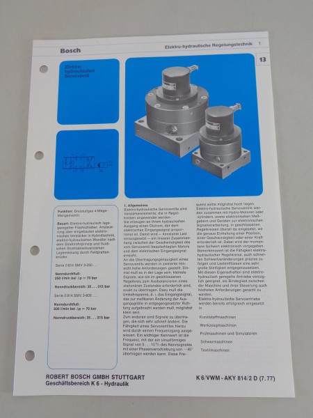 Technische Information / Kenngrößen Bosch Elektro-hydraulisches Servoventil 1977