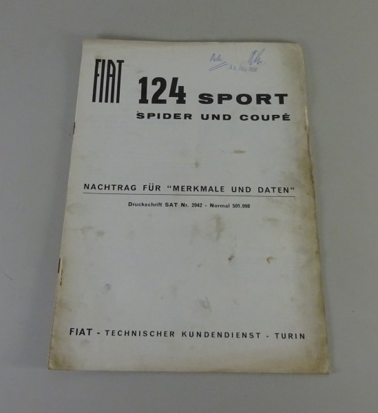 Werkstatthandbuch Nachtrag Fiat 124 Spider + Coupé Stand 04/1968