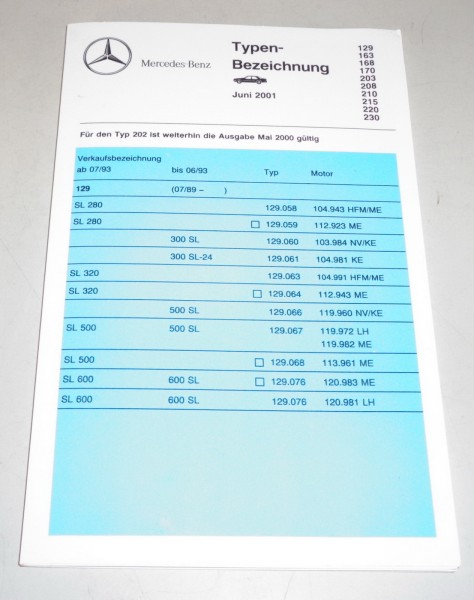 Typenbezeichnung Mercedes Benz PKW R 129 170 W 140 163 168 202 208 210 , 6/2001