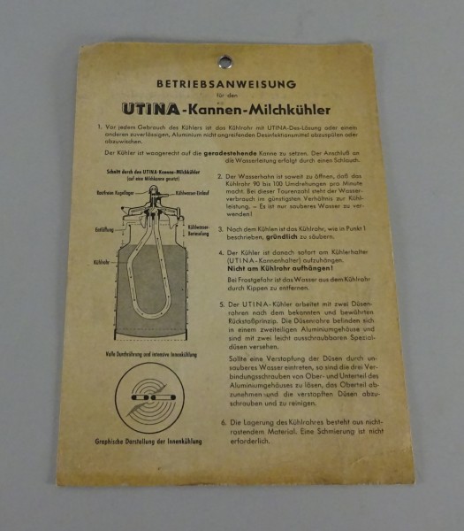 Betriebsanleitung / -anweisung UTINA Kannen-Milchkühler Stand ca. 1964