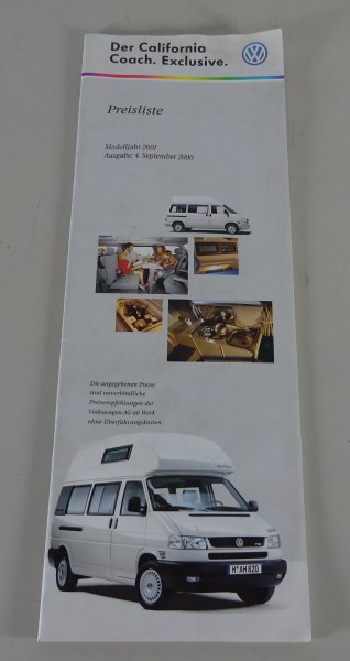 Preisliste VW Bus T4 California Coach / California Exclusive Modelljahr 2001