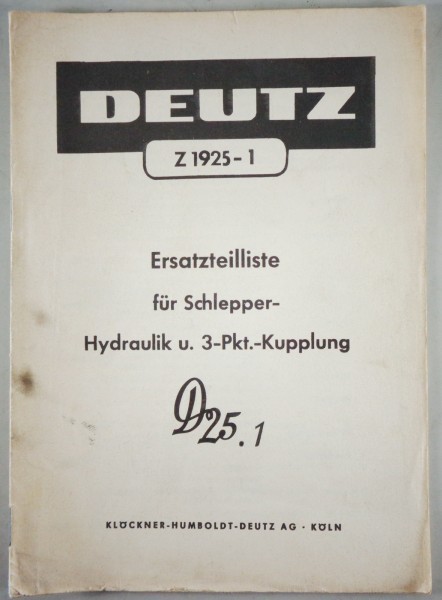 Teilekatalog Deutz Hydraulik und Drei-Punkt-Kupplung für Schlepper Stand 09/1960