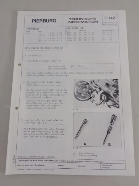 Technische Information Pierburg Vergaser für Mercedes W123 & W126 von 05/1982