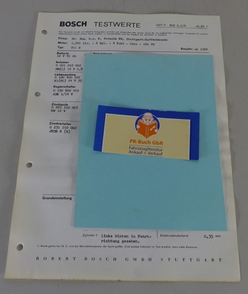Bosch Testwerte Porsche 911 S -1,991 Ltr. 6 Zyl. 160 PS ab Baujahr 1966