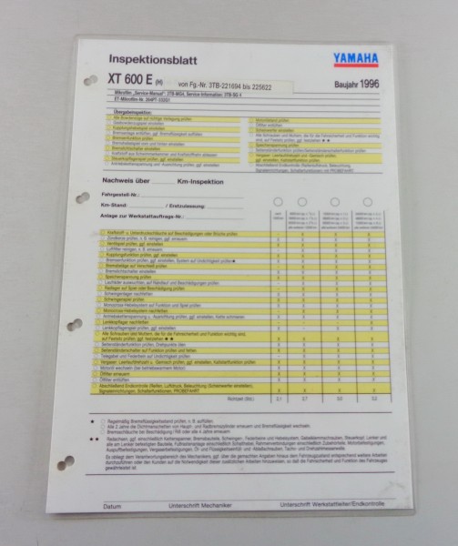 Inspektionsblatt Yamaha XT 600 E 3 TB Baujahr 1996