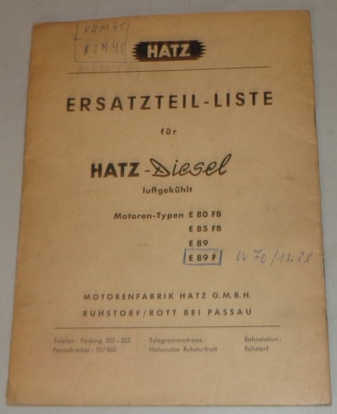 Teilekatalog Hatz Diesel Motor E 80 FB / E 85 FB / E 89 / E89 F Stand 02/1959