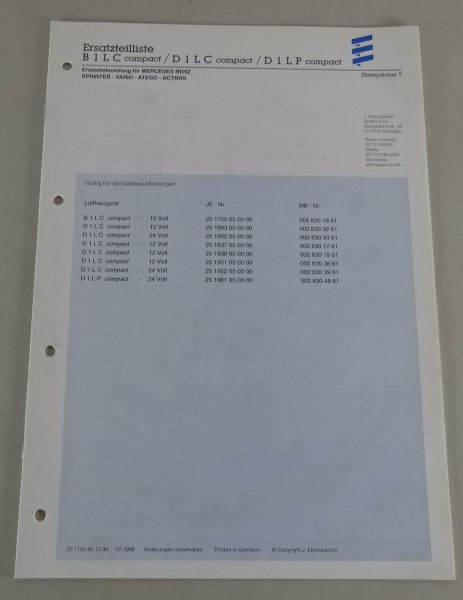 Teilekatalog / Ersatzteilliste Eberspächer B1LC / D1LC / D1LP /-compact
