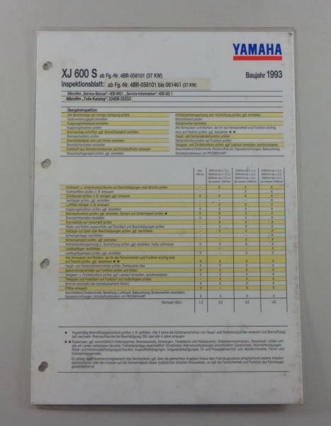 Inspektionsblatt Yamaha XJ 600 S Typ 4BR / 37 kW Baujahr 1993
