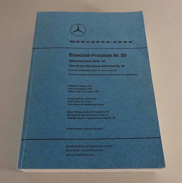 Ersatzteil-Preisliste Nr. 36 Mercedes-Benz PKW Stand 10/1983