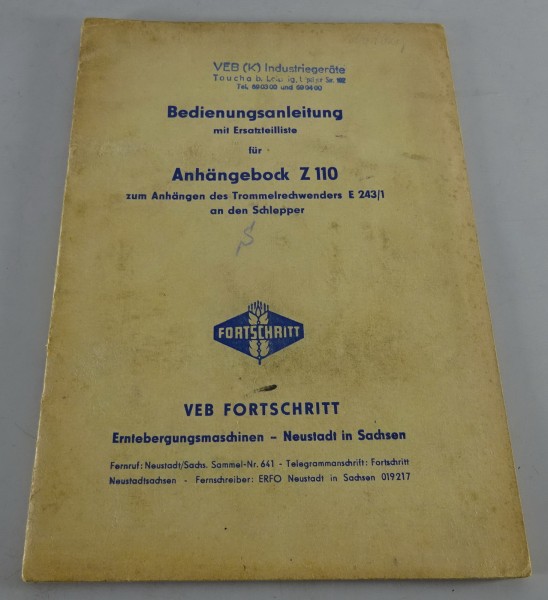 Betriebsanleitung + Teilekatalog Fortschritt Anhängebock Z110 Stand 03/1960