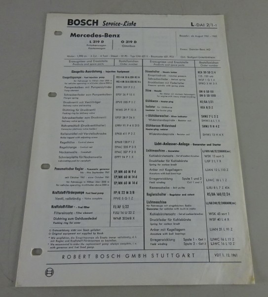 Teilekatalog Bosch-Komponenten für Mercedes-Benz L 319 D / O 319 D Stand 12/1961