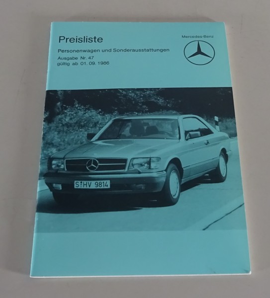 Preisliste Mercedes Benz W124 / W201 / W126 / R107 gültig ab 01/09/1986