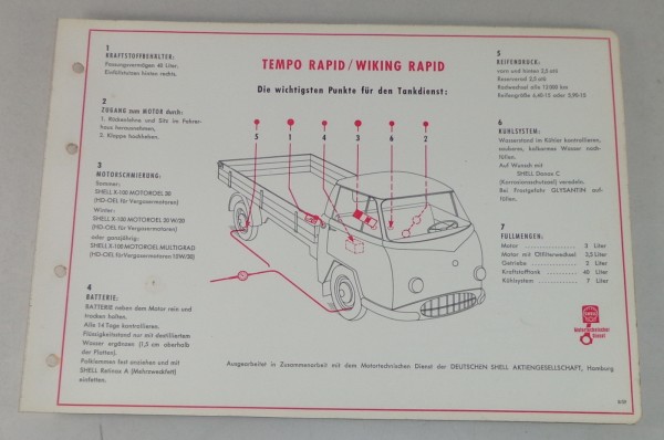 Shell Schmierplan für Tempo Rapid / Wiking Rapid Stand 08/1959