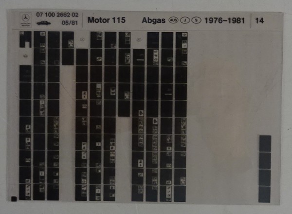 Microfich Teilekatalog Mercedes-Benz Benzin Motor M115 Abgas AUS, J, S 1976-1981