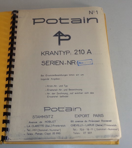 Betriebsanleitung / Handbuch Potain 210 A Kran / Turmdrehkran von 03/1968