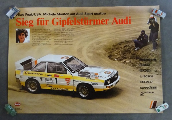 Poster / Werbeplakat Audi Sport Quattro S1 mit Michèle Mouton Pikes Peak 1985