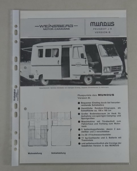 Prospektblatt Peugeot / Weinsberg J9 Mundus Version B Stand 01/1981