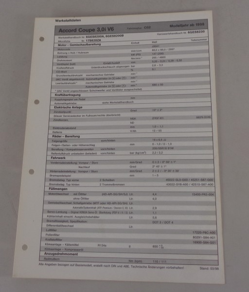 Inspektionsblatt Honda Accord Coupé 3.0i V6 Typ CG2 Modelljahr ab 1998