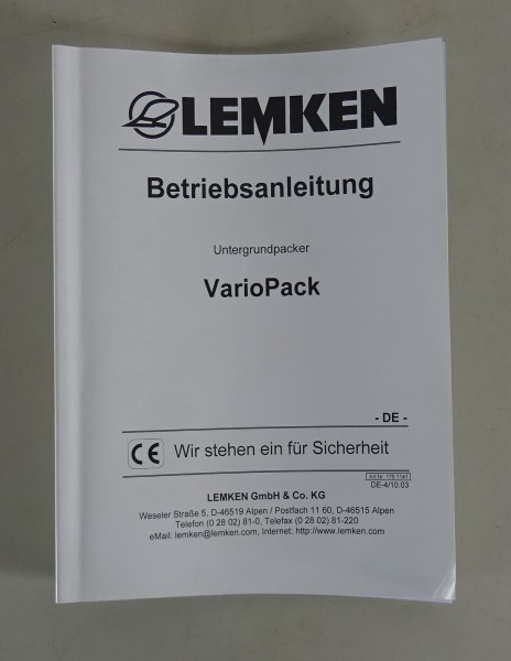 Betriebsanleitung Lemken Untergrundpacker VarioPack Stand 10/2003