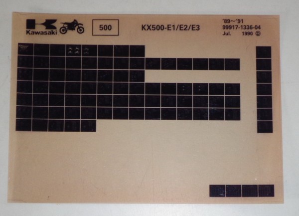 Microfich Ersatzteilkatalog Kawasaki KX 500 E1-E3 Model 1989-91 Stand 07/90