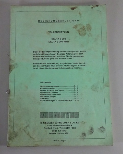 Betriebsanleitung / Handbuch Niemeyer Volldrehpflug Delta 3-200 / -Mais 08/1988