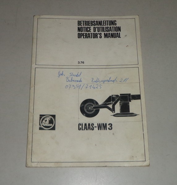 Teilekatalog / Spare Parts List Claas Mähwerk WM 3 | 03/1976