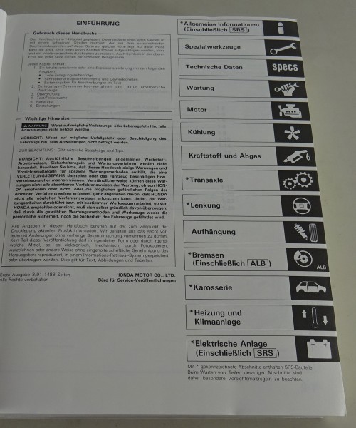 Werkstatthandbuch + Nachträge Honda Legend Typ HS KA4 / KA7 Stand 1991-1995