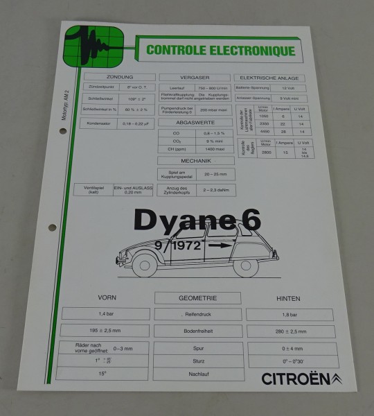 Einstellwerte Citroen Dyane 6 Ente Modelljahr 1972