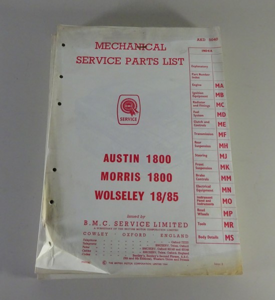 Spare Parts List BMC Austin / Morris / Wolseley 1800 Body + Mechanic '1964