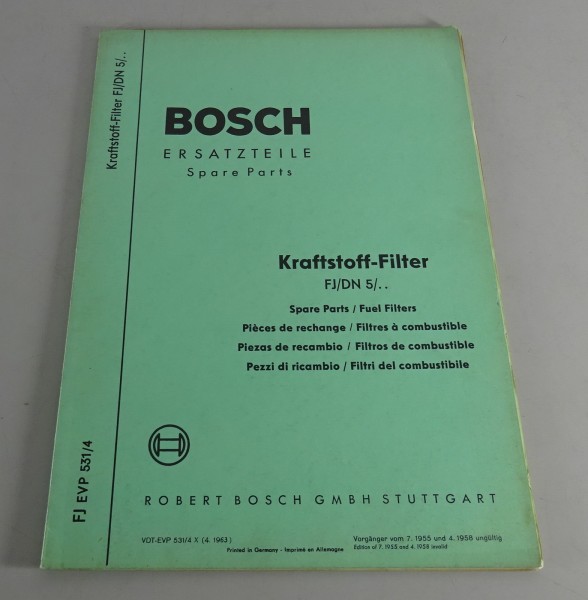 Teilekatalog Bosch Kraftstoff-Filter FJ/DN 5/.. Stand 04/1963