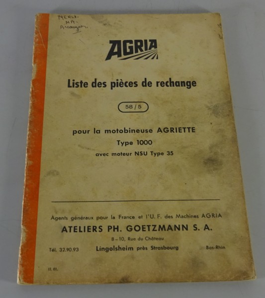 Liste des pièces de rechange | Agria Agriette Type 1000 | FRA | Date 11/1961