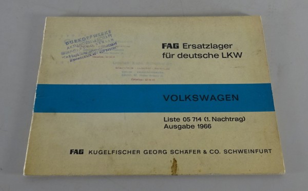 Teilekatalog FAG Lager für VW Bus T1 Stand 1966