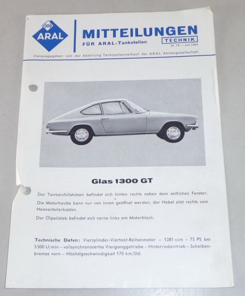Aral Schmierplan für Glas 1300 GT Stand 07/1964