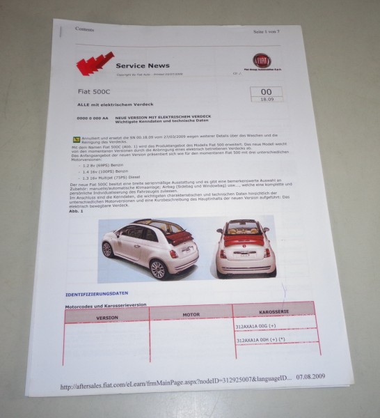 Service Informationen Fiat 500 C mit Motor 1.2 8v / 1.4 16v / 1.3 16v von 7/2009