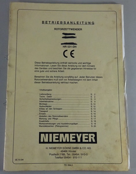 Betriebsanleitung / Handbuch Niemeyer Rotorzettwender HR 531-DH Stand 10/1994