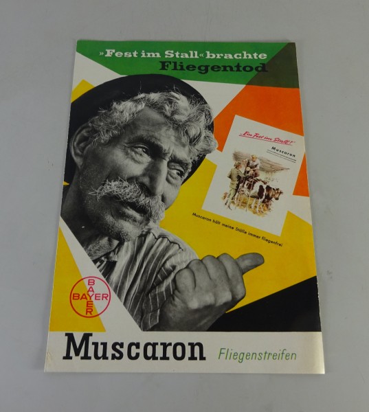 Prospekt / Broschüre Bayer Muscaron Fliegenstreifen für Stallungen von ca. 1958