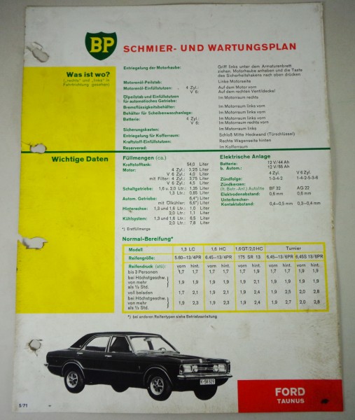 BP Schmier- und Wartungsplan für Ford TC knudsen 1970 - 1973