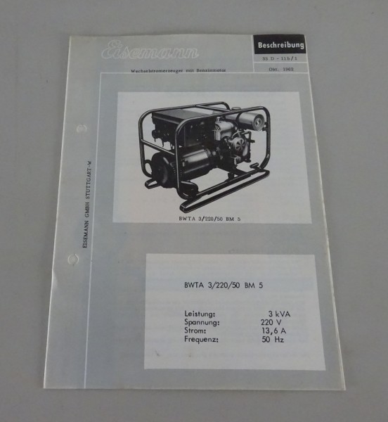 Betriebsanleitung Eisemann Generator BWTA 3/220/50 BM 5 Stand 10/1962